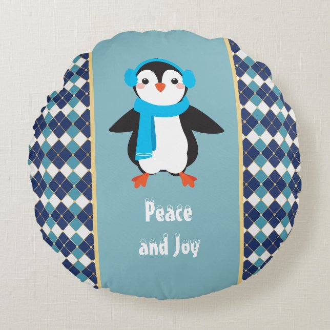 Cute Penguin med Earmuffs Peace and Joy Rund Kudde (Framsidan)