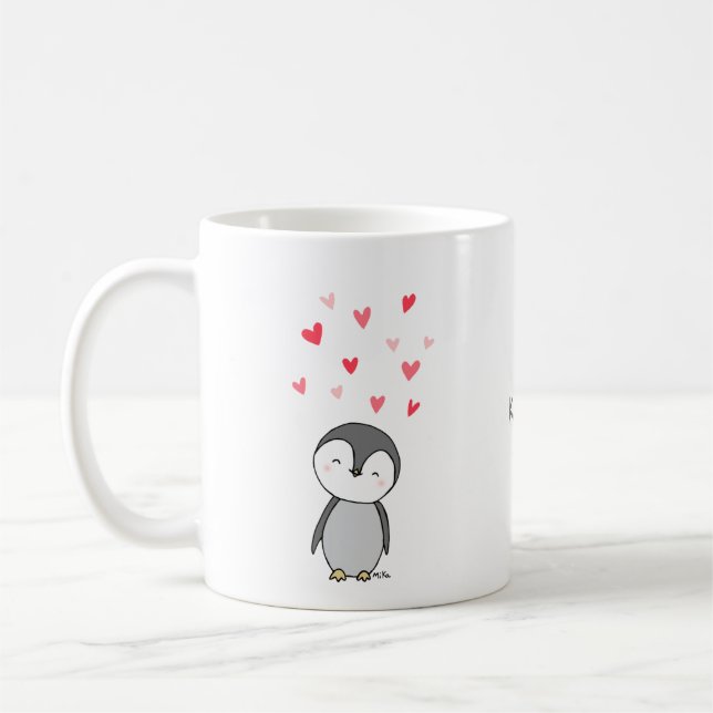 Cute Penguin med hjärtan Penguin älskare eget namn Kaffemugg (Vänster)