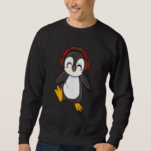 Cute Penguin med hörlurar som dansar danszoo och Lång Ärmad Tröja (Framsida)