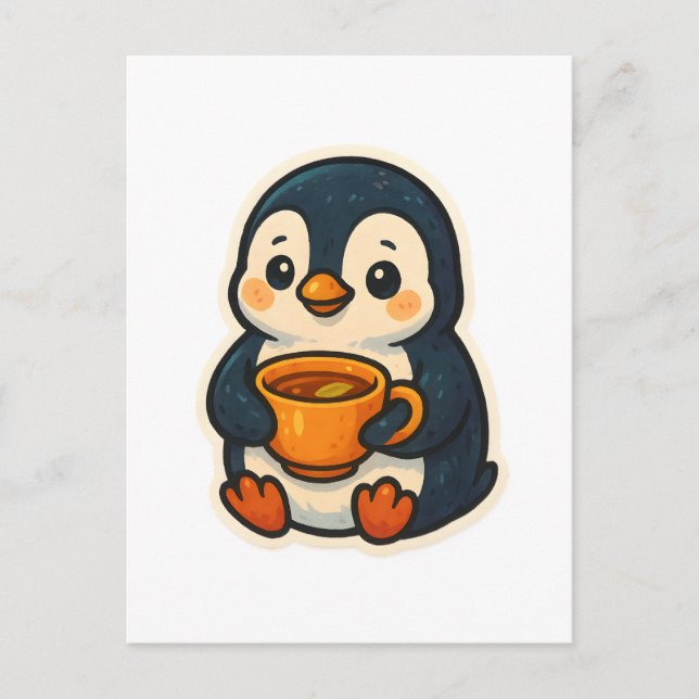 Cute penguin med kopp i te vykort (Framsida)
