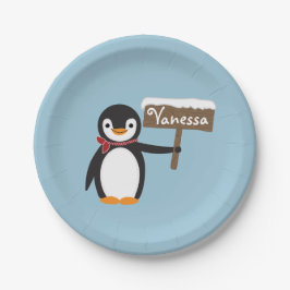 Cute Penguin med Scarf & Wooden Sign