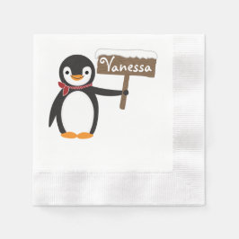 Cute Penguin med Scarf & Wooden Sign Pappersservett