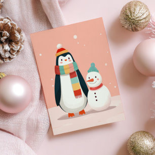 Cute Penguin med Snögubbe Pastel Rosa jul Vykort