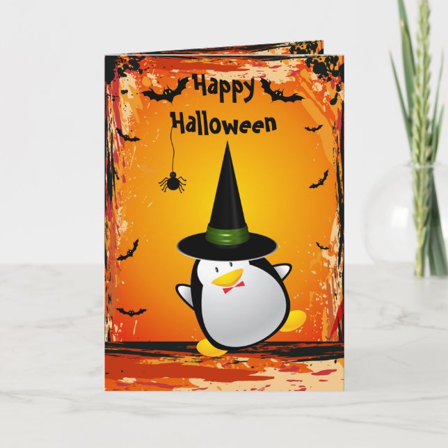 Cute Penguin med Witches Hat Halloween Card Kort (Framsida)