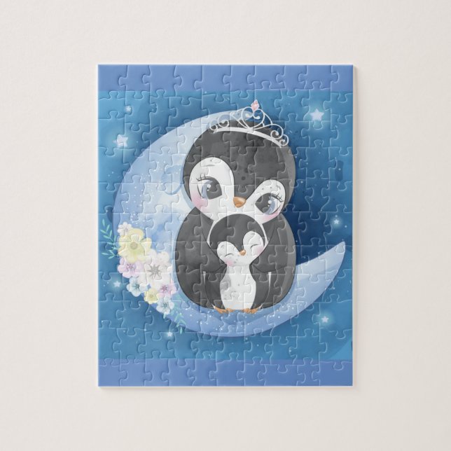 Cute Penguin Mor och Baby Pussel (Vertikal)