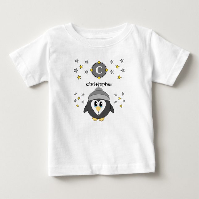 Cute penguin namn stjärnor gult grått t shirt (Framsida)