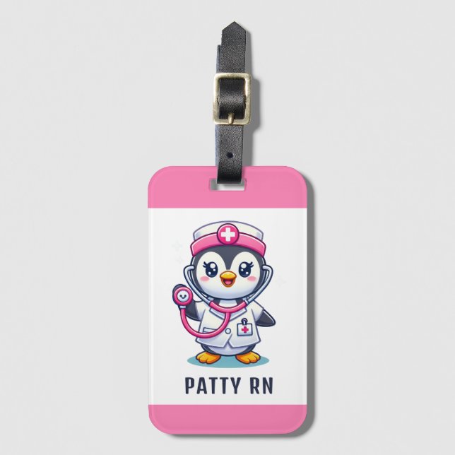 Cute Penguin Nurse Rosa Stethoscope Anpassningsbar Bagagebricka (Framsida vertikal)