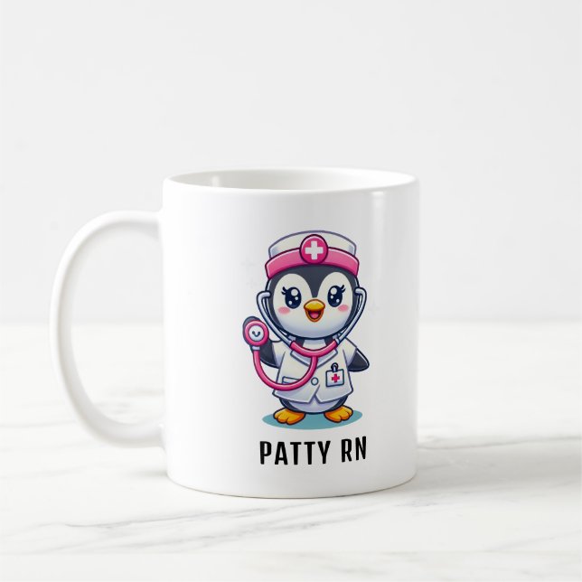 Cute Penguin Nurse Rosa Stethoscope Anpassningsbar Kaffemugg (Vänster)