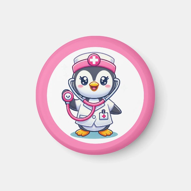 Cute Penguin Nurse Rosa Stethoscope Magnet (Framsidan)