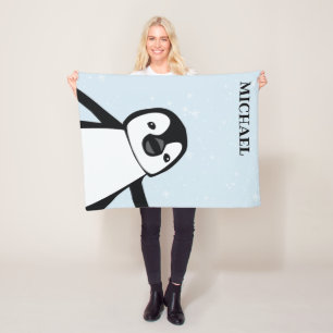 Cute Penguin Nursery Black and white Namn Fleecefilt