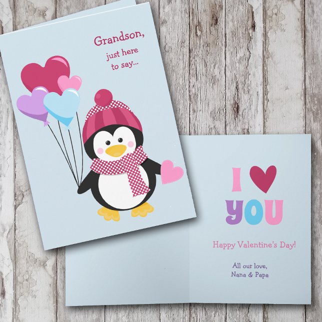 Cute Penguin och Balloons Grandson Valentine Helgkort (Skapare uppladdad)