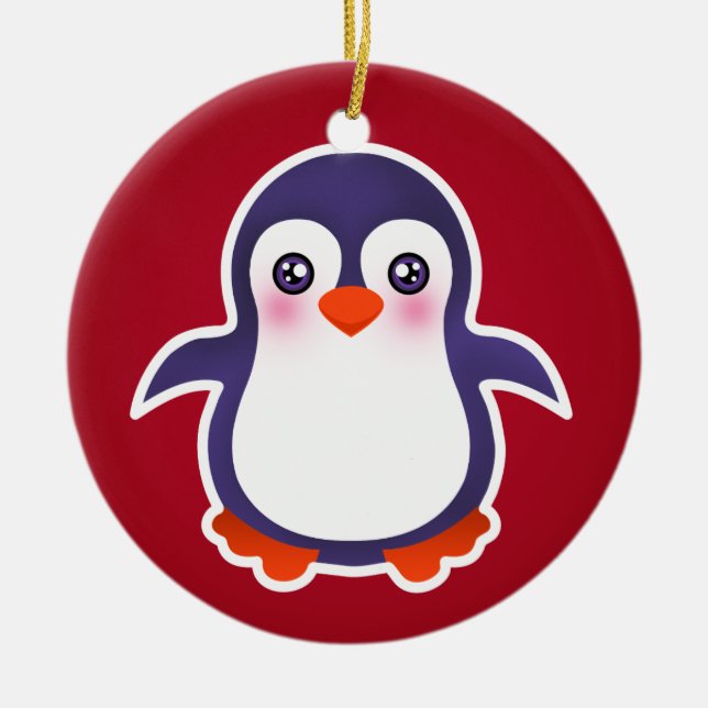 Cute Penguin on Red Background Illustration Julgransprydnad Keramik (Framsidan)