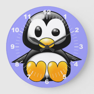 Cute Penguin på Blue Wall Clock Stor Klocka