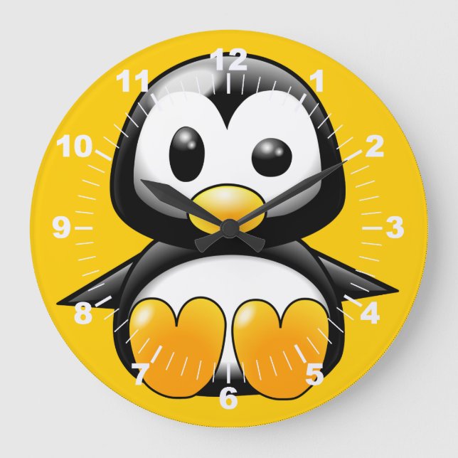 Cute Penguin på Gult Wall Clock Stor Klocka (Framsida)