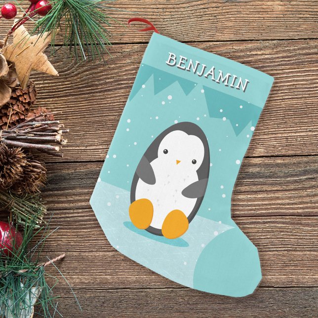 Cute Penguin på isblåvinter-Tecknaden Namn Liten Julstrumpa (Skapare uppladdad)