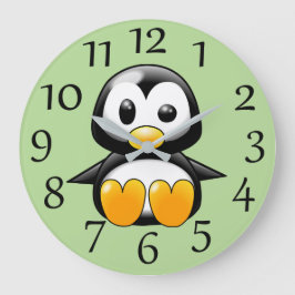 Cute Penguin på mjuk Grönt Vägglås Stor Klocka