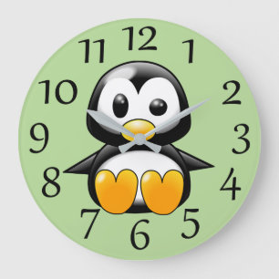 Cute Penguin på mjuk Grönt Vägglås Stor Klocka