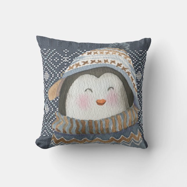 Cute Penguin på Mysiga vintern Sticka Mönster Kudde (Framsida)