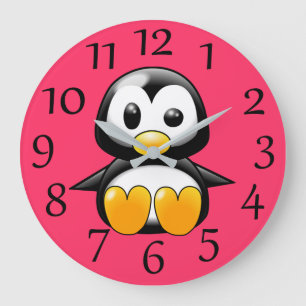 Cute Penguin på Rosa Wall Clock Stor Klocka