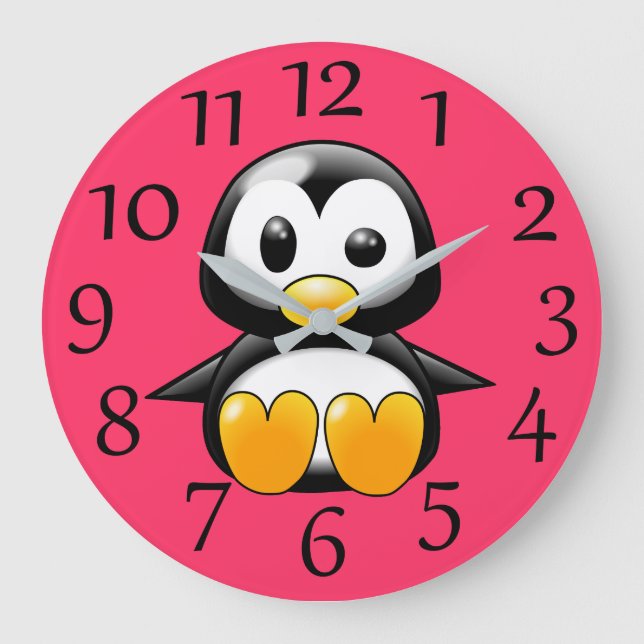 Cute Penguin på Rosa Wall Clock Stor Klocka (Framsida)