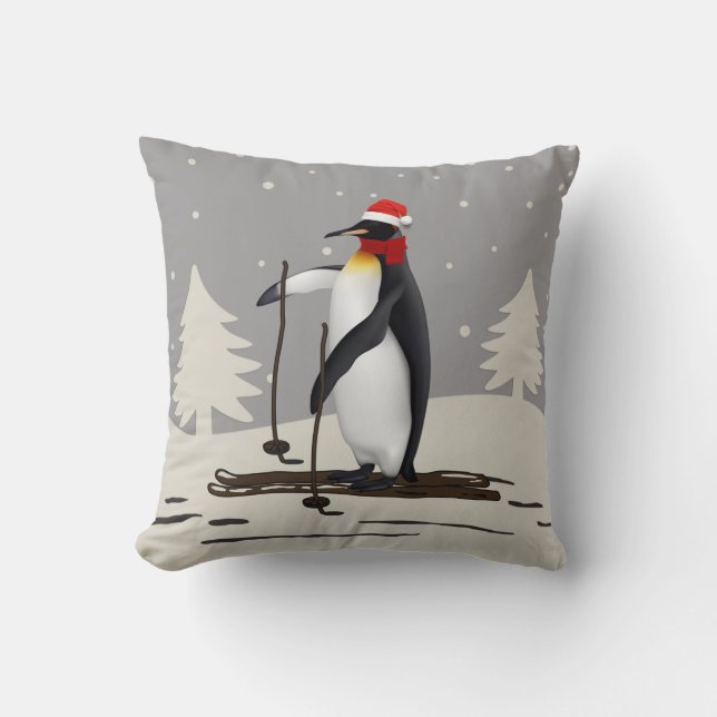 Cute Penguin på Ski Dekorativ kudde (Framsida)
