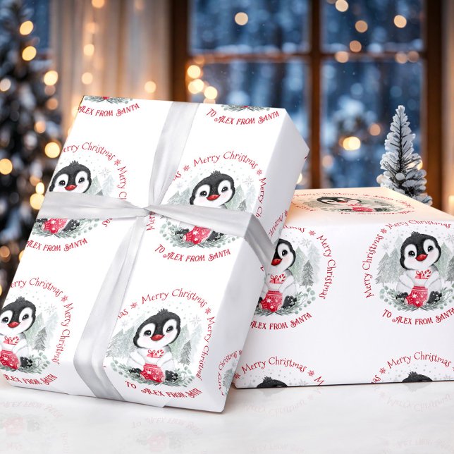 Cute Penguin Personlig Namn jul Presentpapper (Cute Penguin Personalized Christmas Wrapping Paper)