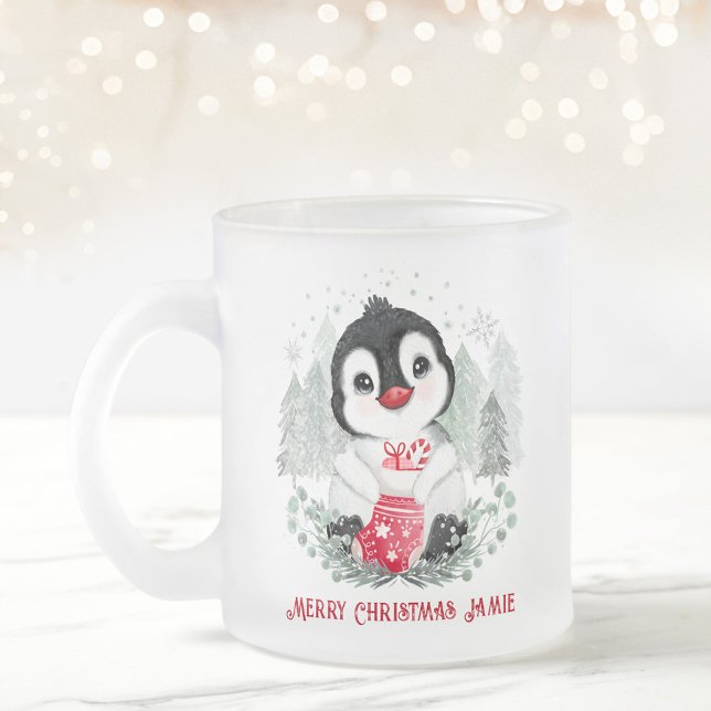 Cute Penguin-Personligen Jul Frostad Glasmugg (Cute Penguin Personalized Christmas Frosted Glass Coffee Mug)