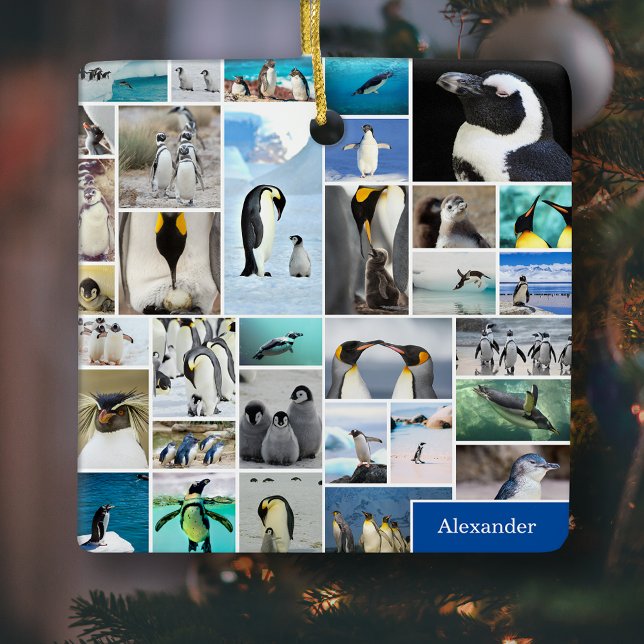 Cute Penguin Photo Collage Mönster jul Julgransprydnad Keramik (Skapare uppladdad)