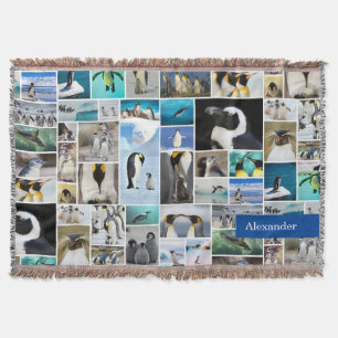 Cute Penguin Photo Collage Mönster med First Namn Filt
