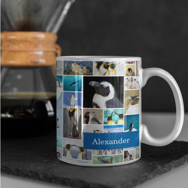 Cute Penguin Photo Collage Mönster med First Namn Kaffemugg (Skapare uppladdad)