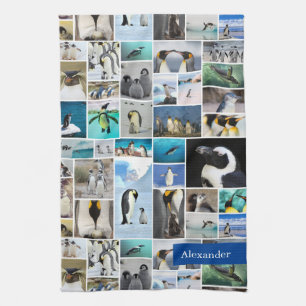 Cute Penguin Photo Collage Mönster med First Namn Kökshandduk