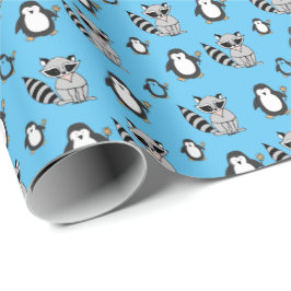 Cute Penguin Racoon Buddies Baby Gift Blue Presentpapper