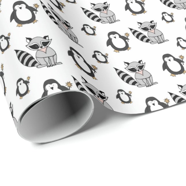 Cute Penguin Racoon Buddies Baby Gift Presentpapper (Rullad Hörn)