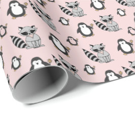 Cute Penguin Racoon Buddies Baby Gift Rosa Presentpapper