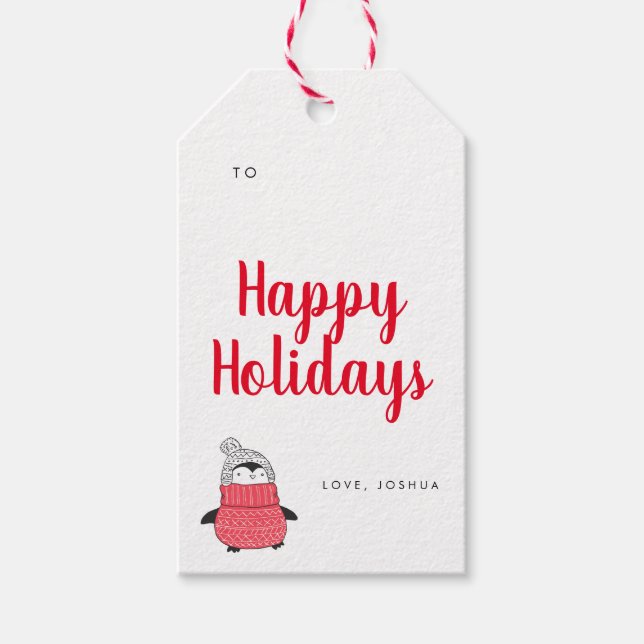 Cute Penguin Red Typografisk Helgdag Presentetikett (Framsidan)