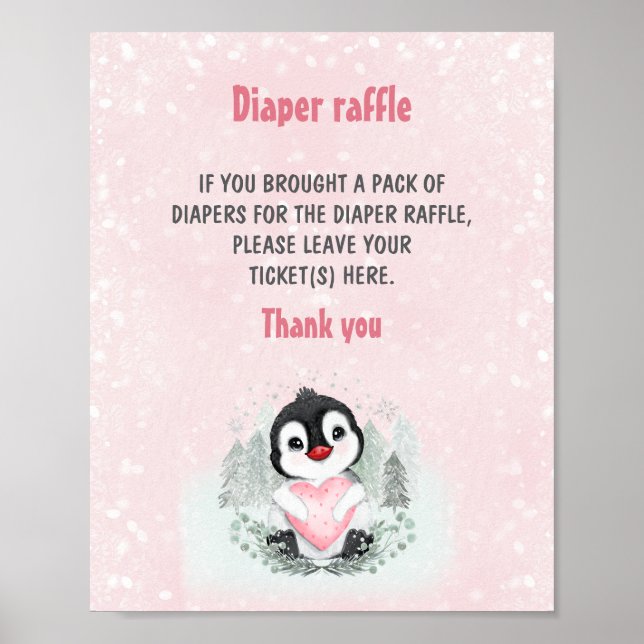Cute Penguin Rosa Baby Shower Diaper Raffle Sign Poster (Framsidan)