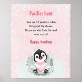 Cute Penguin Rosa Baby Shower Game Nappar Hunt Poster