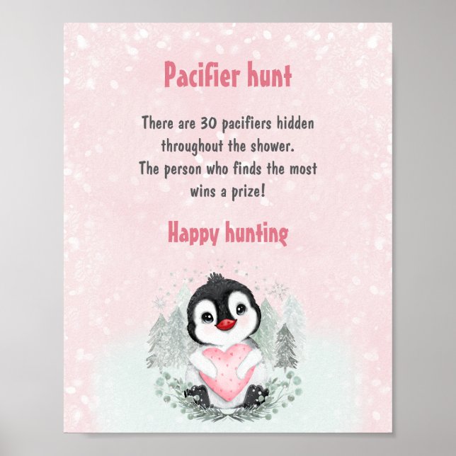 Cute Penguin Rosa Baby Shower Game Nappar Hunt Poster (Framsidan)