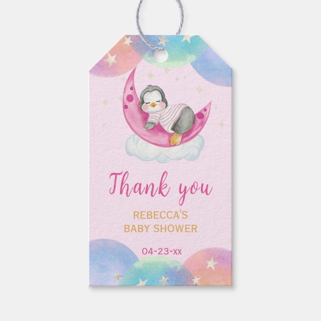 Cute Penguin Rosa Baby Shower Tack Presentetikett (Framsidan)