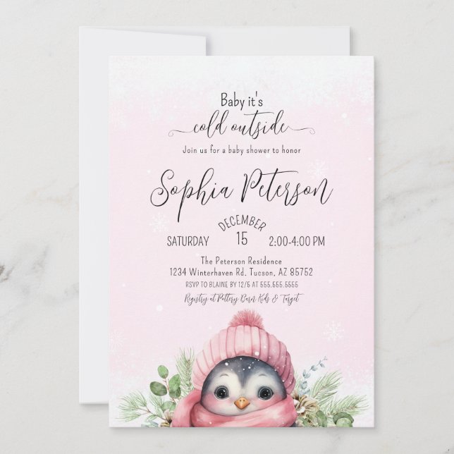 Cute Penguin Rosa Girl Girl Winter Baby Shower Inbjudningar (Framsida)