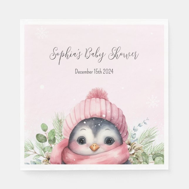 Cute Penguin Rosa Girl Winter Baby Shower Napkins Pappersservett (Framsidan)
