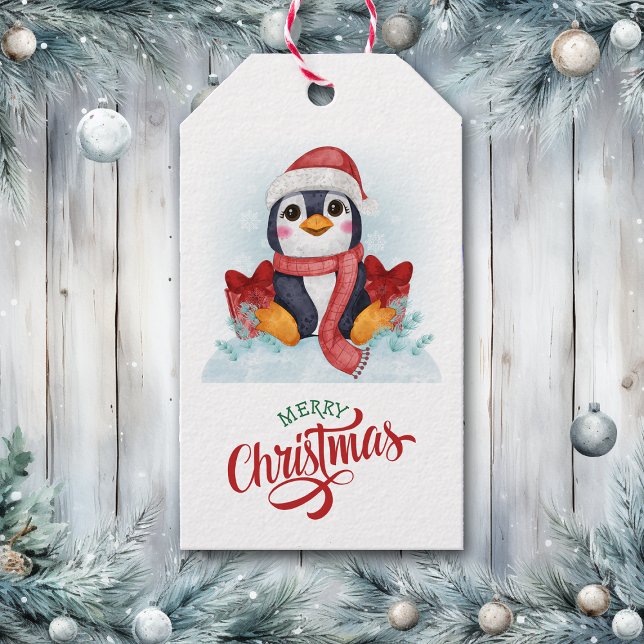 Cute Penguin Santa Hat jul Presentetikett (Skapare uppladdad)
