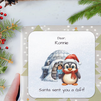 Cute Penguin Santa Hat Snöflingor Kids jul Fyrkantigt Klistermärke