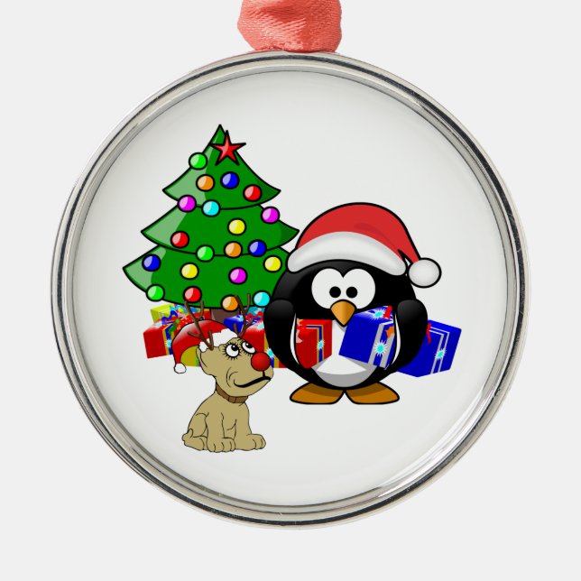 Cute Penguin Santa och Reindeer Hund Julgransprydnad Metall (Framsidan)