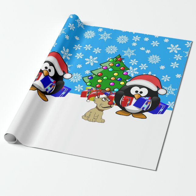 Cute Penguin Santa och Reindeer Hund Presentpapper (Utrullad)