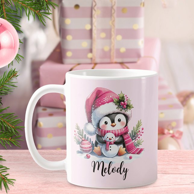 Cute Penguin Script Namn Rosa jul Kaffemugg (Skapare uppladdad)