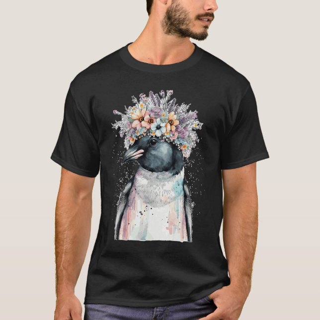Cute Penguin Seabird Flower Crown Floral Birds T Shirt (Framsida)