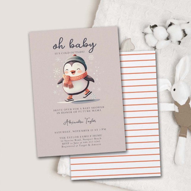 Cute Penguin Skates-Kallet utanför Baby Shower Inbjudningar (baby cold outside girl shower invitation winter sports skating cute adorable watercolor sweet snow)