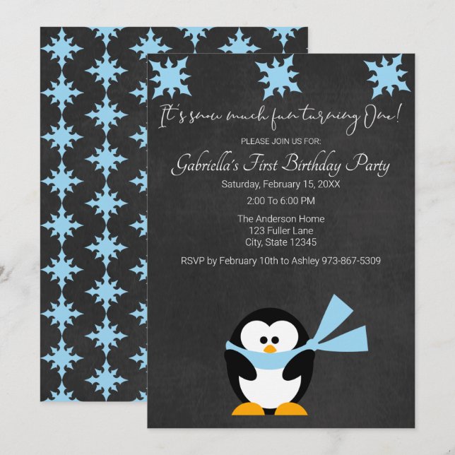 Cute Penguin Snö Mycket Roligt, en födelsedag Inbjudningar (Fram/baksida)