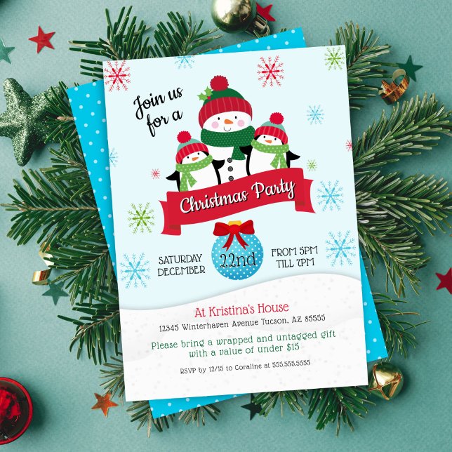 Cute Penguin Snögubbe Ornament Julfest Inbjudningar (cute penguin and snowman theme christmas party invitation with ornament and snowflakes)